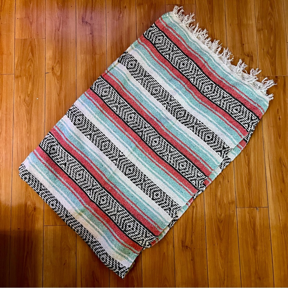 Authentic Woven Mexican Blanket Coral & Teal NEW Large 46x72 Beach Throw Picnic